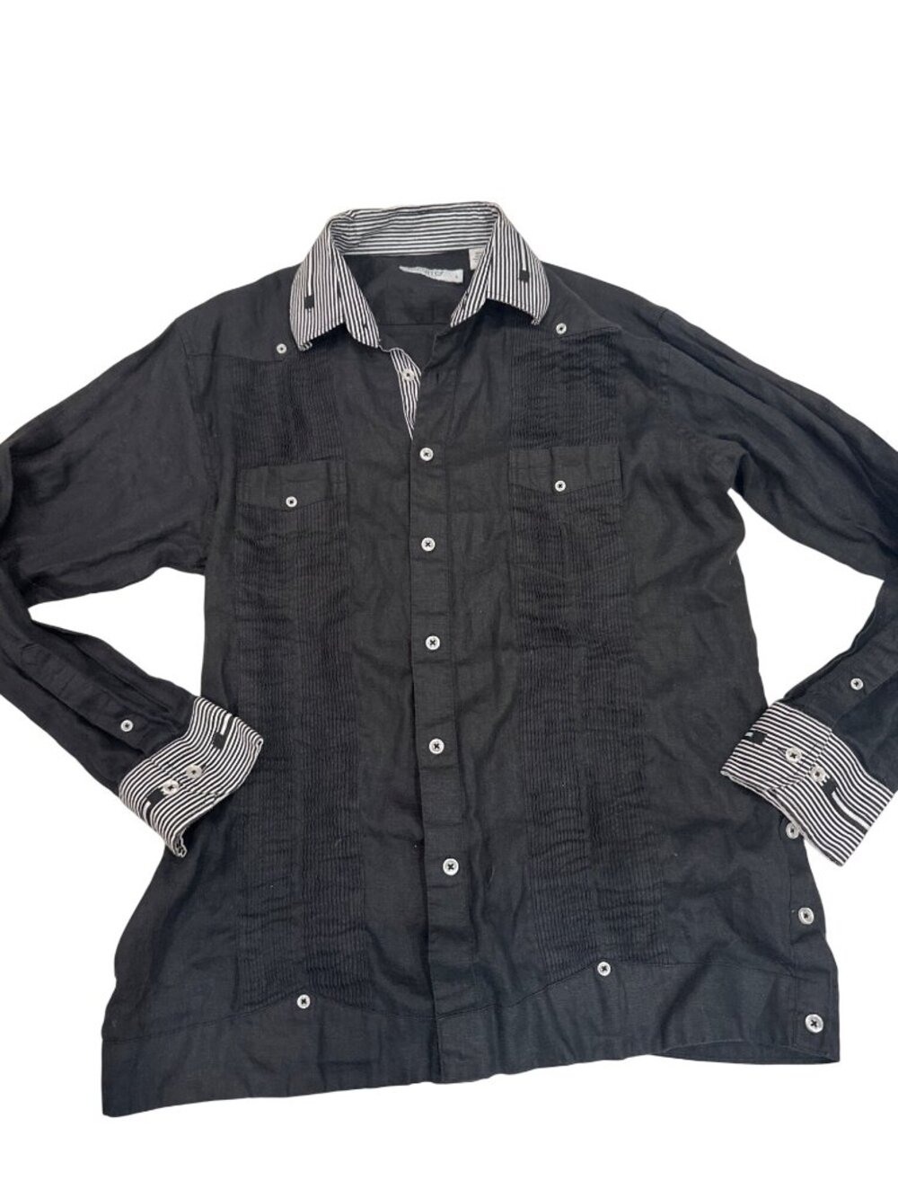 Mojito Collection Black & White Striped Collar 100% Linen Button-Up Shirt L